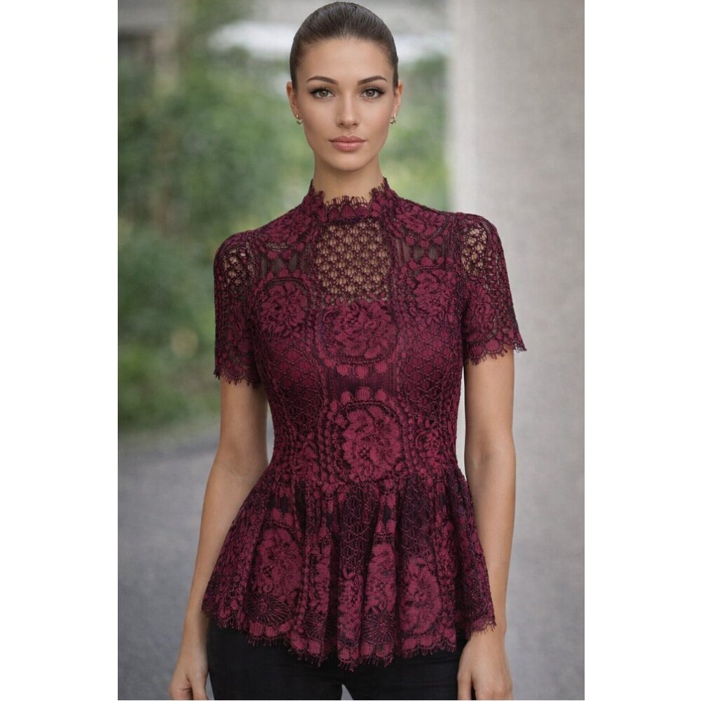 Alexis | Burgundy & Black Lace Mock Neck Peplum Top Whimsigoth | Size Small